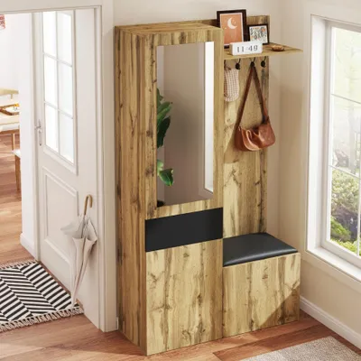 Produktbild von okwish Garderobenset mit 5 Garderobenhaken,Spiegel, Schuhschrank und Kleiderschrank,Einbauschrank mit oberen Regalen,Schubladen und oberen Ablagefächern,Garderobenschrank Holzfarbe