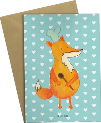 Produktbild von Mr. & Mrs. Panda Grußkarte Fuchs Koch - Türkis Pastell - Geschenk, Bäcker, weihnachtskarten, Chefkoch, Spruch Lustig, hochzeitskarten, Hungrig, osterkarte, Grußkarten