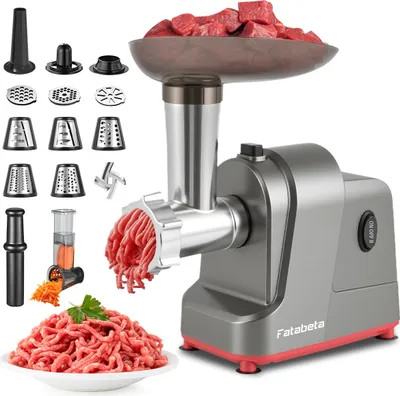 A meat grinder with various attachments and a pile of ground meat, presented on a white background.