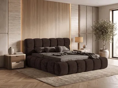 Image de Lit tapissier BESILIO 160x200 cm, modèle Tokyo, en tissu chenille - Lit avec coffre de rangement intégré et sommier à lattes - Couleur : marron