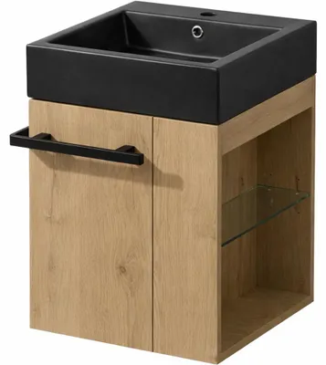 Productafbeelding van CERANO - Badkamermeubel Esme - notenhoutkleur + wastafel van gietmarmer - zwart, mat - 45x45x62,5 cm