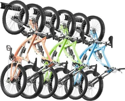 Zdjęcie produktu dla Stojak rowerowy do montażu na ścianie na 6 rowerów i 5 haczyków na kaski – wieszak do przechowywania rowerów w domu i garażu – regulowany uchwyt – maksymalna nośność 300 kg