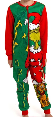 Produktbild von The Grinch Jumpsuit für Jungen und Mädchen Overall Kinder Pyjama Schlafanzug langarm Grün/Rot 110-116