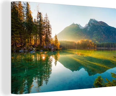 Obrázok produktu pre OneMillionCanvasses® - Maľba na plátne - Obraz na plátne Nástenná maľba na plátne - Jazero - Les - Hory - Príroda - Slnko - Krajina - 150x100cm -