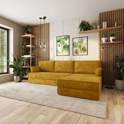 Produktbild von Masseno Ecksofa ANKO mit Metallgestell, Modulares Schlafsofa aus Schaumstoff, Klappbares Bodensofa, Schlaffunktion - Gelb, POSO 01