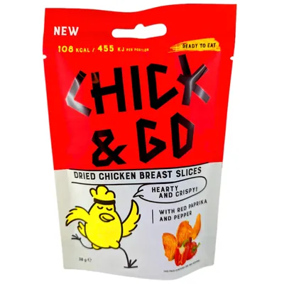 Produktbild von Chick & Go Getrocknete Hähnchenbrustscheiben mit Paprika und Pfeffer 30g