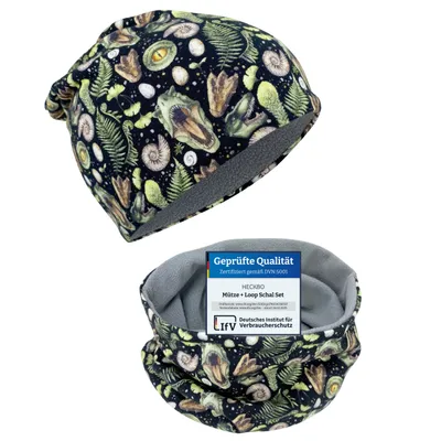 Produktbild von HECKBO Kinder Jungen Beanie Mütze & Loop-Schal Set - Wintermütze Fleece Dinosaurier Dino T-Rex - 2-8 Jahren - 95% Baumwolle - weiches & pflegeleichtes Stretch-Material