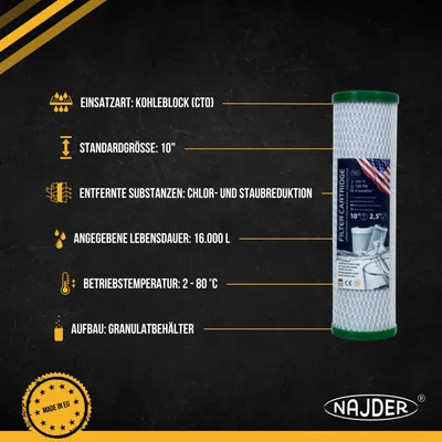 Produktbild von NAJDER Wasserfilterpatronen 10 Zoll Carbon Block GAC, Mikronage 5-10μ, für Filtergehäus, Wasserfilter Kartusche, für die Wasserfiltrationn, 5 Stück, Patronensatz