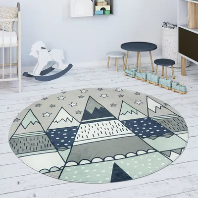 Produktbild von Kinderteppich Teppich Kinderzimmer Spielmatte Rutschfest Sterne Zelt Tipi Motiv Grau Grün Grösse 120 cm Rund