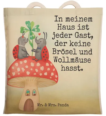 Produktbild von Mr. & Mrs. Panda Stoffbeutel Marienkäfer Fliegenpilz Design - Weiß - Geschenk, Fleigenpilzhaus, Stofftragetasche, Tasche, Zuhause, shopping bag, Haus, Tote, Wohnung
