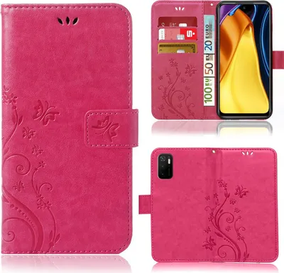 Collage of a pink flip phone case with floral and butterfly embossing, showing the front, interior with card slots, and the back with a phone inserted.