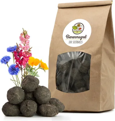 Produktbild von 100er Samenbomben für eine bunte Bienenweide - Farbenfrohe & nektarreiche Seedbomb Wildblumensamen für Bienen und Schmetterlinge