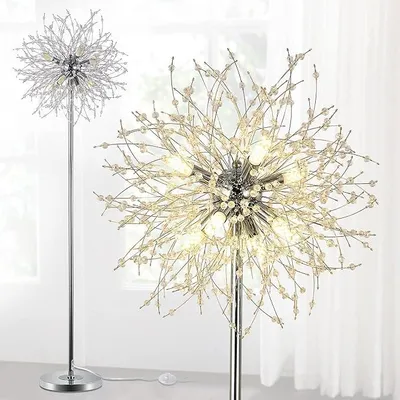 Obrázek produktu pro Moderní křišťálová stojací lampa, stojací lampa s 8 žárovkami, s vypínačem na noze, chromovaná, výška 172 cm, kovová a skleněná stojací lampa vhodná do obývacího pokoje, ložnice, jídelny, k pohovce nebo do rohu místnosti
