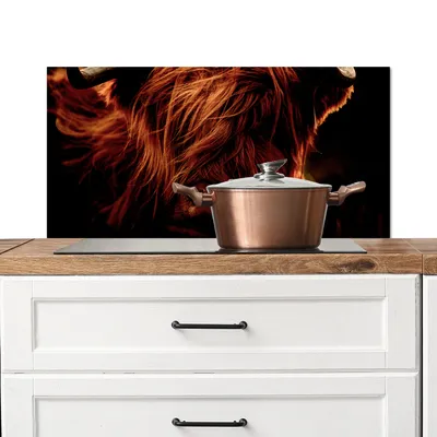 Produktbild von KitchenYeah®  Spritzschutz Küche - Küchenrückwand - Wandschutz für Herd und Spüle - Schottisches Hochlandrind - Kuh - Hörner - Porträt - Tiere 90x45 - Alu-Dibond (Alternative zum Spritzschutz aus Glas