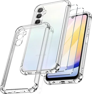A clear TPU phone case and two screen protectors are displayed against a white background.
