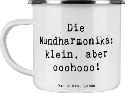 Produktbild von Mr. & Mrs. Panda Emaille Tasse Spruch Mundharmonika Ohooo - Weiß - Geschenk, Lernen, Unterwegs, Musik, Becher, Folklore, klein, Teetasse, Haferl, Instrument, Musiker