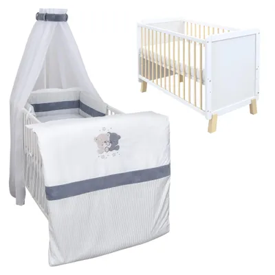 Produktbild von Babybett Kinderbett Gitterbett Lou 60x120 Weiß Natur Schutzgitter Matratze Bettwäsche Set 10tlg Loving Bears