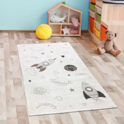 Zdjęcie produktu dla Przygodowy dywan dla dzieci statki kosmiczne planety gwiazdy w kolorze kremowo-szaro-beżowym rozmiar - 80 x 150 cm
