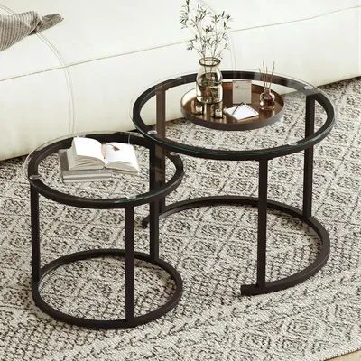 Produktbild von Beistelltisch Set Rund 2er Set Glas Schwarz Metall