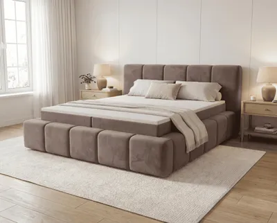 Obrázok produktu pre Postel s pružinovou základňou 140x200 cm Calisto - matrac H3, vrchná vrstva, zásuvka pod posteľ - látka zamat, hnedá farba, Obrázok generovaný UI