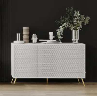 Produktbild von AX LIVING Weiße Kommode Delvine 154 cm – strukturiert & mit goldenen Füßen