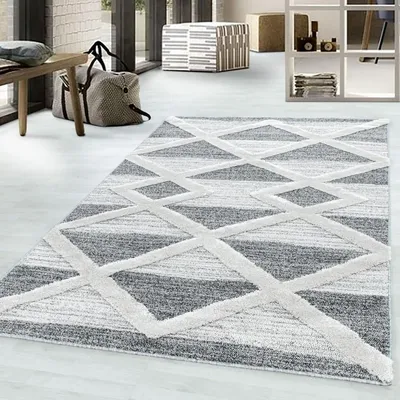Produktbild von TapisTrend Zotteliger Teppich Grau 80 cm rund Grauer geometrischer mit großen, erhabenen Rauten, 20 mm Florhöhe, moderner Stil für Wohn- und Schlafzimmer