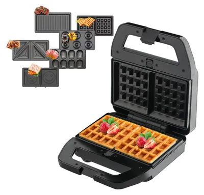 Obrázek produktu pro Elektrický sendvičovač 6 v 1, snídaňový stroj se 6 odnímatelnými nepřilnavými deskami, oboustranným ohřevem, vaflovačem, výrobníkem koblih, snídaňovou stanicí s panini lisem a grilem