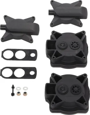 A collection of black plastic parts for an air pump repair kit, laid out on a white background.