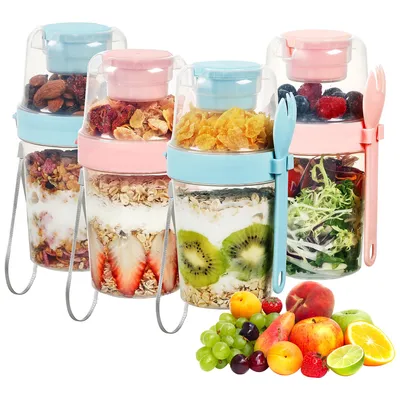 Produktbild von Müslibecher to Go, Lunchboxen, 800ml Doppelter tragbarer Salatbecher,dicht und auslaufsicher, 4-teiliges Set (2 blau + 2 rosa,mit Löffel)