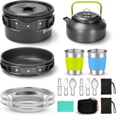 Produktbild von Odoland Camping Geschirr Set | Kochset Topf Teekessel Campingbesteck Becher | Leicht Aluminium Faltbar Outdoor Camping Geschirr Set 17 pcs