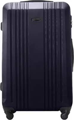 A dark blue, hard-shell suitcase shown from the front.