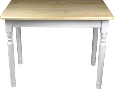 A simple wooden table with white legs against a white background.