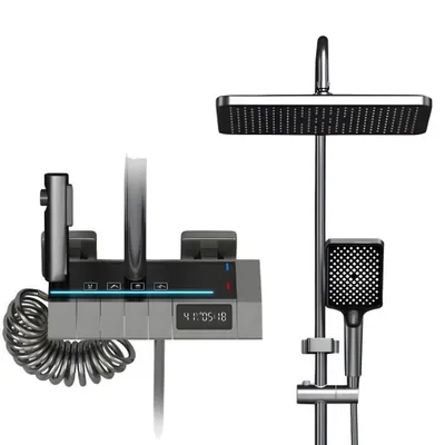 Produktbild von Duschsystem Schwarz mit Thermostat & LED-Display – Regendusche mit Armatur für ein exklusives Duscherlebnis