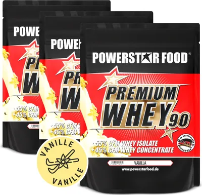 Produktbild von Powerstar PREMIUM WHEY 90 | 90% Protein i.Tr. | Whey-Protein-Pulver 3x850 g | 55% CFM Whey Isolat & 45% CFM Konzentrat | Eiweiß-Pulver Vanilla