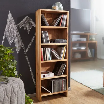 Zdjęcie produktu dla FineBuy Regał na płyty CD z litego drewna akacjowego, regał stojący o wysokości 90 cm, 5 półek do przechowywania płyt CD, regał na książki w stylu rustykalnym