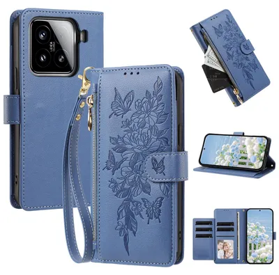 Produktbild von Handyhülle für Xiaomi 15, Wallet Case Kunstleder mit Kartenfächern, Reißverschluss und Handschlaufe Dunkelblau