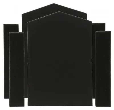 A set of black foam filters arranged in a symmetrical pattern against a white background.