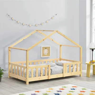 Produktbild von Kinderbett – Gitterbett – Hausförmiges Design – Schutzgitter – Massives Kiefernholz – 70x140 cm