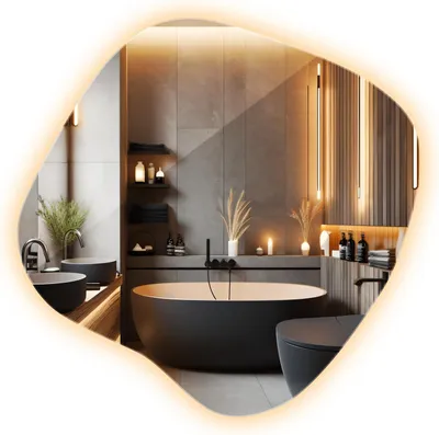 Produktbild von LED Spiegel unregelmäßig 48,3 x 47,9 cm – Badspiegel beleuchtet, Design Wandspiegel fürs Badezimmer warmweiß 3000K, s Spiegeldesign, dekorativer Spiegel, modernes Badezimmer