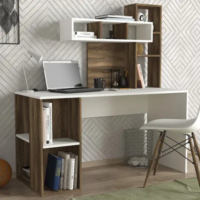 Produktbild von Skye Decor, Coral - White, Walnut, Schreibtisch, Weiß, 100% MELAMINBESCHICHTETE SPANNPLATTE, 140 x 60 x 153,8 cm