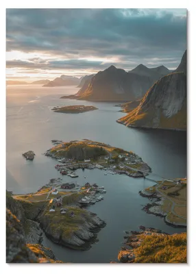 Produktbild von POSTER - 59x84 cm (A1) - Obel Z. - Sonnenuntergangsberge Küstendorf -  Wandbild für Wohnzimmer Schlafzimmer & Flur, Modernes Poster Wanddeko, Ungerahmt