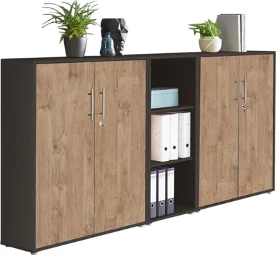 Produktbild von Aktenschrank TABOR 8 in anthrazit / Gold Harbor Oak Schrankwand, Büroschrank, abschließbar, Metallgriffe