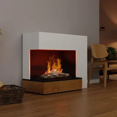 Produktbild von GLOW FIRE Elektrokamin 'Planck' | Wasserdampf Kamin mit OMC 600 inkl. Holz in weiß Linksoffen | HxBxT: 109x90x53cm