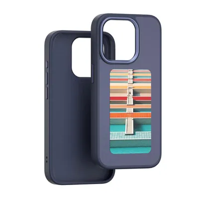 A dark blue iPhone case with a colorful striped pattern on the back is shown against a white background. Another identical case is partially visible to the left.