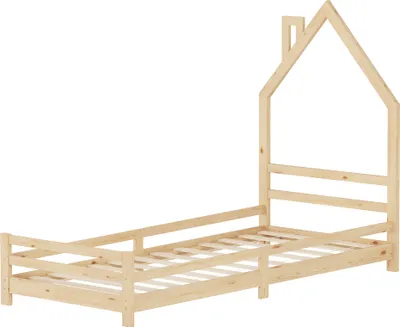 Obrázek produktu pro ML-Design dětská postel domeček 90x200 cm přírodní, dětská postel domeček, dřevěná postel s roštovým rámem, komínový design, postel pro mládež z masivního borovicového dřeva
