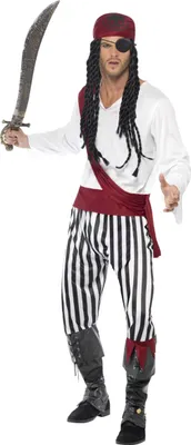 A man dressed as a pirate, holding a sword.