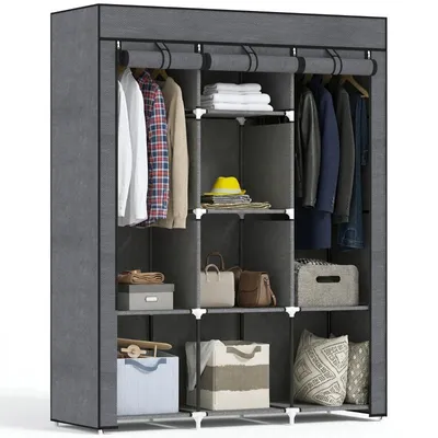 Produktbild von Kleiderschrank – Kleiderschrank aus Vliesstoff und Stahl – Stoffkleiderschrank – mit 8 Einlegeböden und 2 Querstangen – 125 x 43 x 162,5 cm – Grau