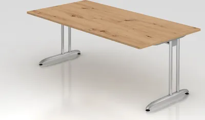 Produktbild von Schreibtisch Markku | Asteiche | BxT 200x100cm | Arbeitshöhe 72cm | höhenjustierbar 0-10 mm | C-Fuß-Gestell Silber | Rechteckform
