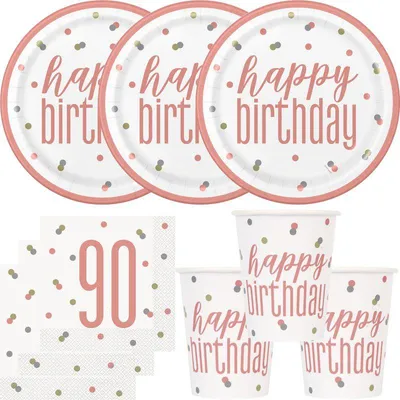 Produktbild von 90. Geburtstag Partyset Einweggeschirr roségold 48 tlg. Partygeschirr Teller Becher Servietten