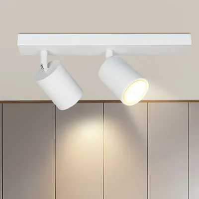 A white ceiling light fixture with two adjustable spotlights is mounted on a white ceiling above a wall with vertical panels.